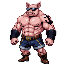 Daniel the Pig — a muscular tattooed pig in sunglasses, shorts and boots
